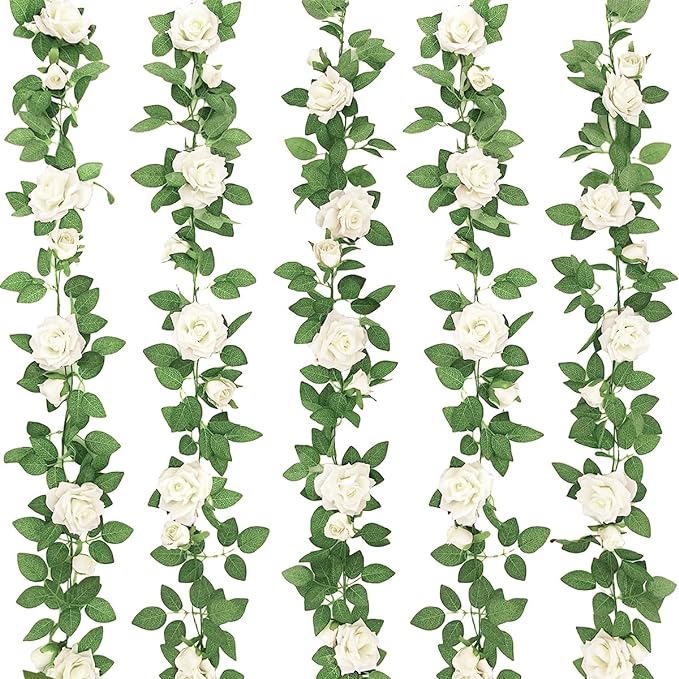 ZIFTY 5Pcs 32.5FT Artificial Rose Vine Fake Flower Garland White Fake Silk Floral Hanging for Wedding Arch, Garden Tea Party Backdrop Room Decor and Home Decoration Outdoor Wall Decor