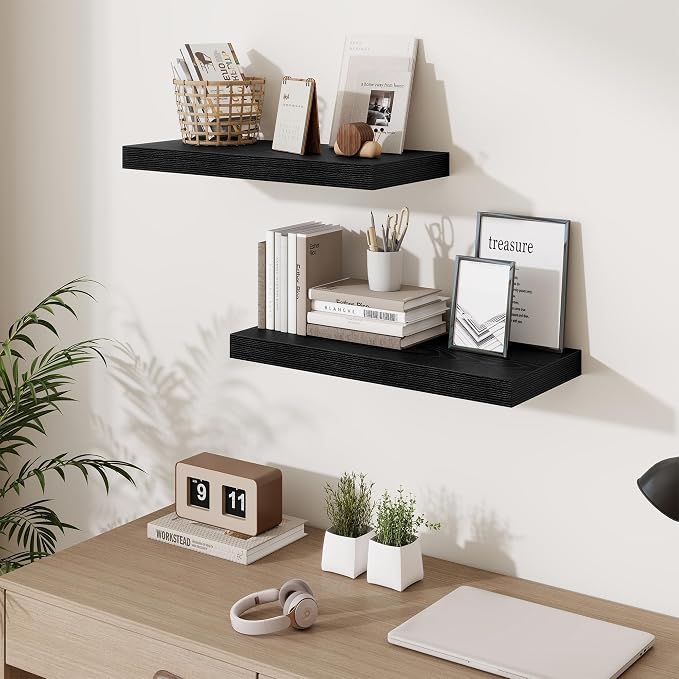 Fun Memories 24 Inch Floating Shelves Wall Mounted, 10 Inch Deep Wall Shelves, 24 x 10 Floating Shelf for Living Room Bathroom Bedroom, Black, Set of 3