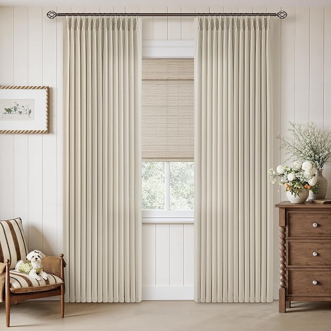 Pinch Pleated Oatmeal Linen Blend Semi Sheer 86 Inch Curtains 2 Panels Set for Bedroom, Memory Trained Pinch Pleat with Back Tab Light Filtering Non See Through Living Room Farmhouse Window Drapes