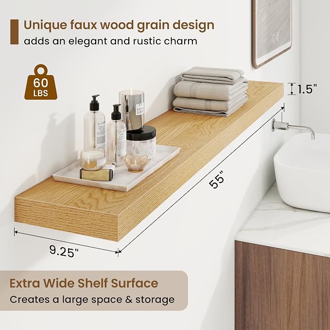 Marsmiles 55in Floating Shelves for Wall, 55" W x 9.25" D x 1.5" H, Long Wall Mounted Engineered Wood Shelves with Invisible Brackets for Living Room, Bedroom, Bathroom, Kitchen, Oak, 2Pcs