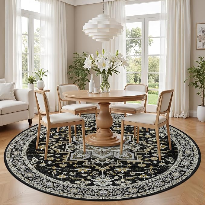 Round Area Rug for Living Room: 4 ft Washable Vintage Boho Soft Thin Circle Rug Indoor Floor No Slip Stain Resistant Carpet for Bedroom Dining Room Farmhouse Nursery Home Office - Black Gold