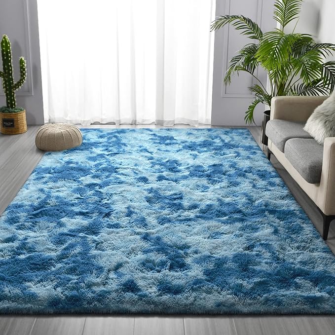 Deerhoo Large Shag Area Rugs 5 x 8, Tie-Dyed Plush Fuzzy Rugs for Living Room, Ultra Soft Fluffy Furry Rug for Bedroom, Indoor Carpet Nursery Rugs for Kids Room Home Decor, Bright Blue