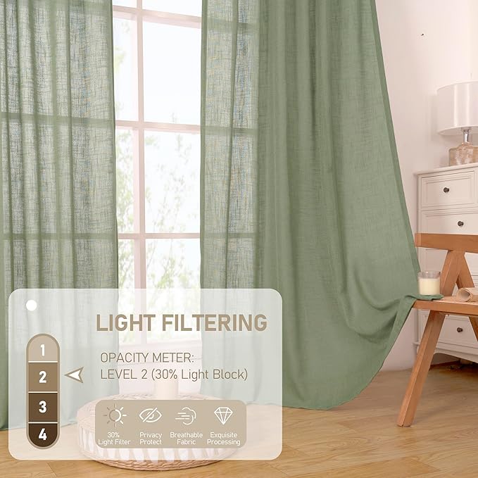 LAMIT Sage Green Linen Curtains 90 Inch for Living Room, Back Tab and Rod Pocket Linen Textured Curtains Light Filtering Drapes for Bedroom/Dining Room, Set of 2, 52 x 90 Inch