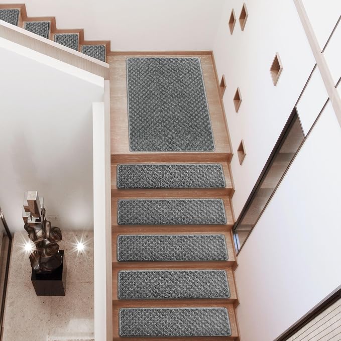 PURE ERA Carpet Stair Treads Tape Free Non Slip Indoor Stair Carpet Stair Protectors Pet-Friendly Non-Slip Skid Resistant Washable Reusable 8" x 30"(7 Pieces,Gray Mini-Diamond Trellis)