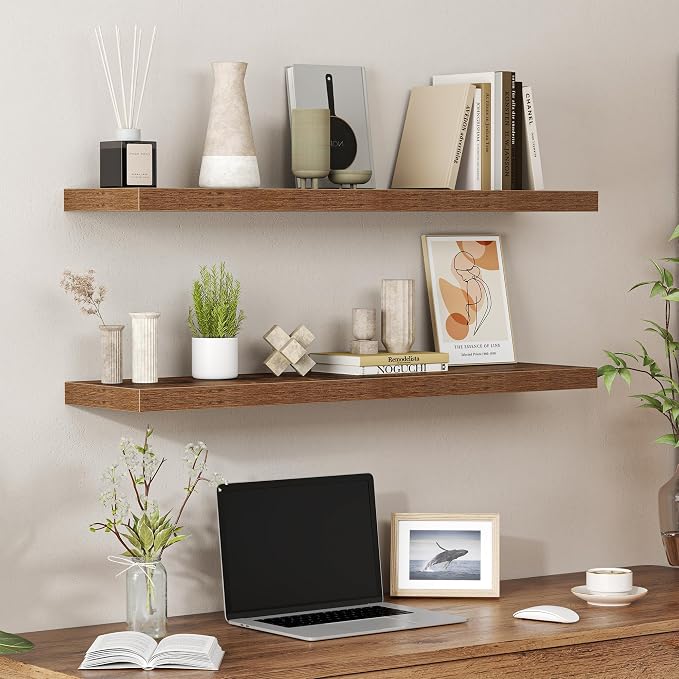 Heimlove 40 Inches Floating Shelves for Wall,9.3" Deep Rustic Brown Long Floating Shelves Set of 2,Large Display Shelf & Storage Shelf,Wall Shelf for Bathroom Bedroom Living Room Kitchen Office