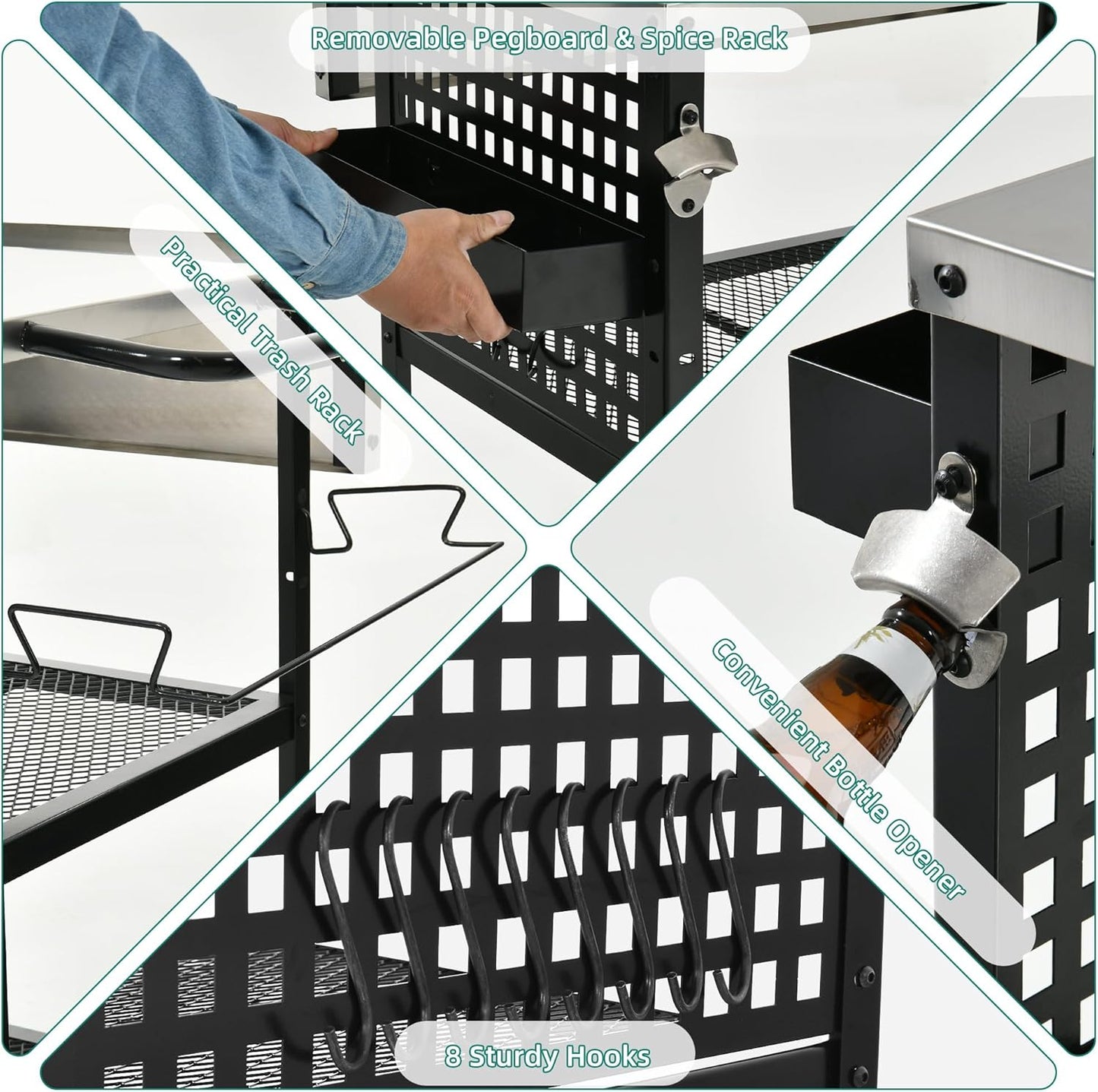 YITAHOME Outdoor Grill Cart Pizza Oven Table with Stainless Steel Top and Drop Leaf, Outdoor Grill Table with Adjustable Three-Tier Shelf and Spice Rack, Movable Bar Table for Patio, Garden, BBQ