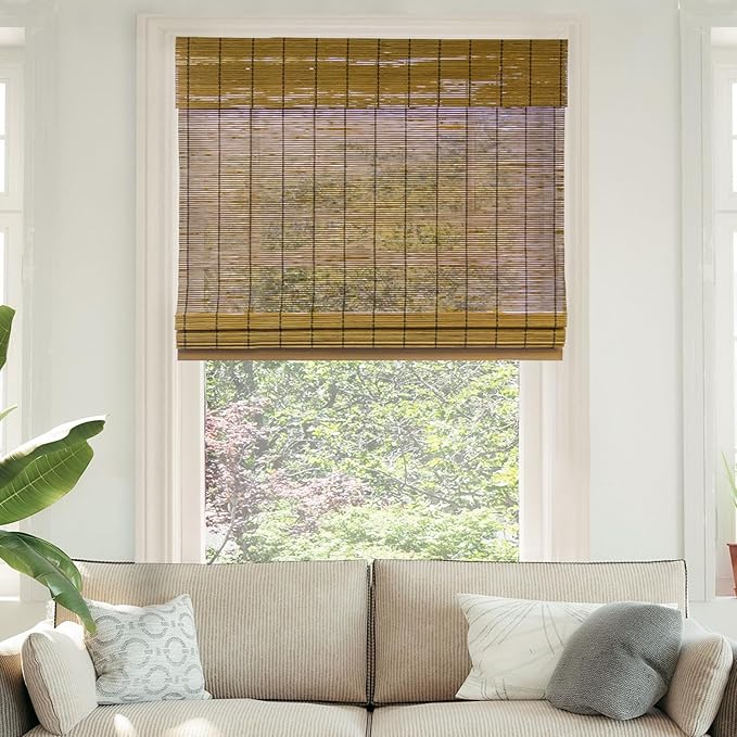 CHICOLOGY Bamboo Roman Shade, Cordless Light Filtering Woven Wood Window Treatment for Living Room, Dining Room, Kitchen & Office, Natural Bamboo Blinds for Boho Coastal Decor, Fox, 35"W x 64"H