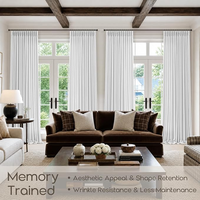 Pinch Pleated Snow White Curtains 105 Inches Long for High Ceiling Room Light Filter Memory Training Pinch Pleat Curtains for Living Room Bedroom 105 Inch Extra Long Flax Linen Drapes 2 Panels Set