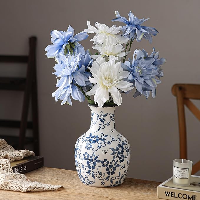 SURE YUESI Blue and White Flower Vase Vintage Chinoiserie Floral Ceramic Vase Handcrafted Round Flower Vase for Home Decor Centerpieces Living Room, Bookshelf, Office Rustic Table Centerpiece 9 in