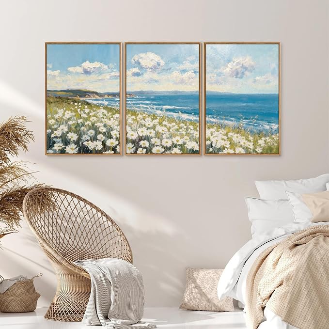 KYLESONLIE Large Summer Wildflower Framed Canvas Wall Art, Cozy White Daisy Wall Decor, Impressionist Coastal Art Paintings, Pastel Seaside Landscape Artwork for Living Room Bedroom Office 16"x24"x3