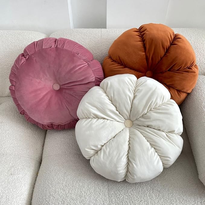 MOJUN Round Velvet Pillow Pumpkin Pleated Cushion Throw Pillow Home Decorative for Couch Chair Bed Car (Dark Orange, 17.7 inch)