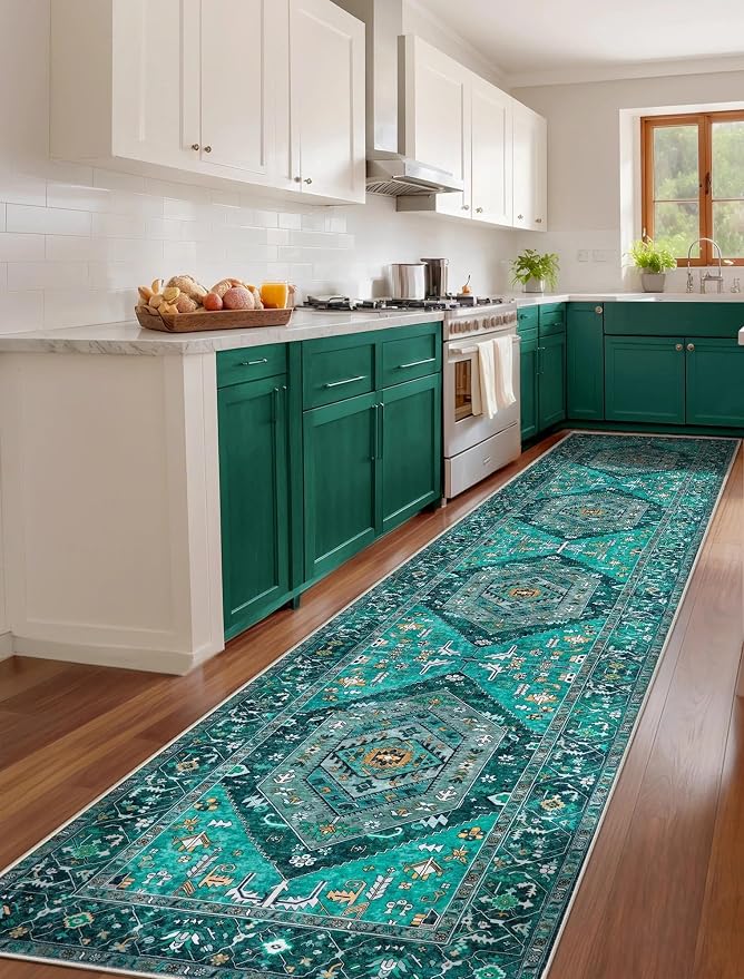 SERISSA Runner Rug for Hallways, 2'6"x12' Washable Non Slip Kitchen Runner Rug, Extra Long Boho Rug Ultra Soft Vintage Teal Print Floor Carpet for Bedroom Hallway Entryway Bathroom Laundry Room