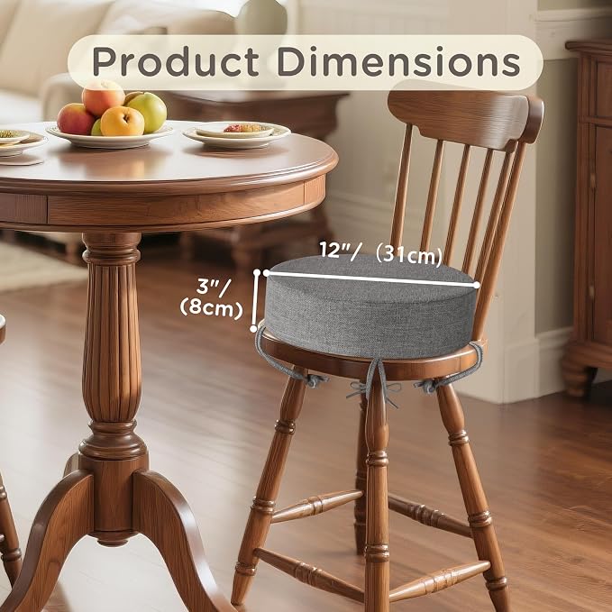 Bar Stool Cushions Round 3" Thick Round Seat Cushions for Chairs 2 Pack Non Slip Bistro Chair Pads with Machine Washable Cover (12 Inch, Light Grey)