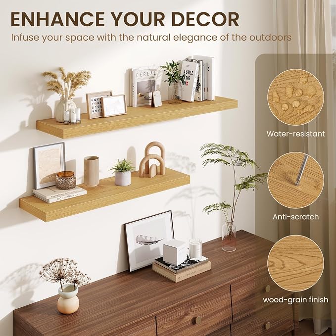 Fun Memories Wood Floating Shelves 20 Inch, 10 Inch Deep Shelves Wall Mount, Wall Shelves with Invisible Bracket, 20" Floating Shelves for Living Room Bathroom Bedroom, Oak, Set of 2