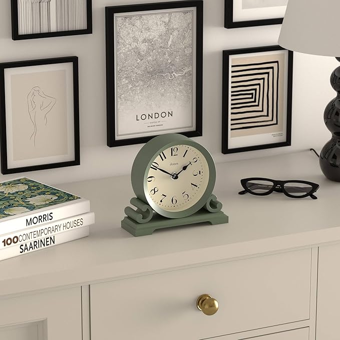 JONES CLOCKS® Saloon Mantel Clock | Small Traditional Double Scroll Design | Green | Contemporary Classic Style for Desk, Table, Shelf or Bedside