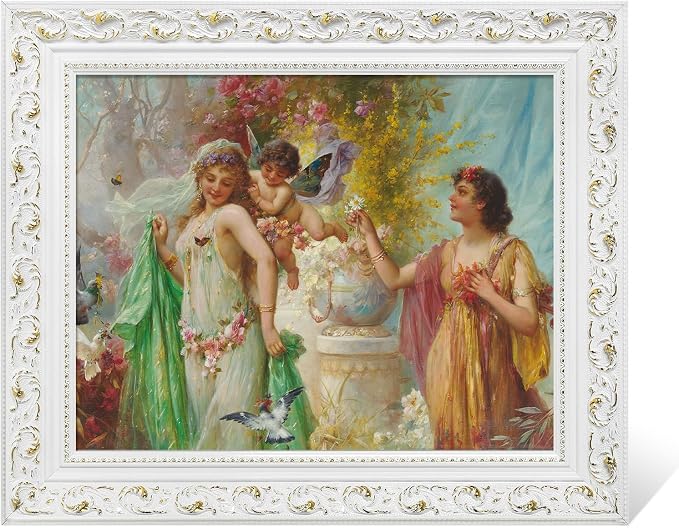 DIY Wood Frame for 20x24 Stretched Canvas Paintings, Retro White Ornate Picture Frame for Vintage Wall Art Prints, No Backboard & Cover, Open Back Canvas Frame for Living Room Decoration
