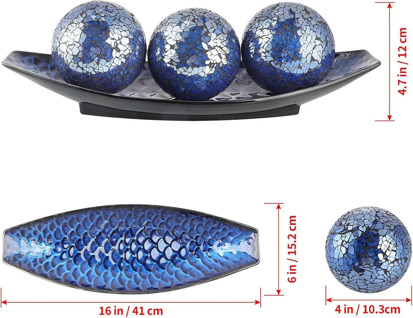 16" Large Ceramic Decorative Tray and 4" Glass Mosaic Balls Set of 4, Long Boat Shaped Centerpiece Bowl and Orbs Set for Home, Party Decor (Blue)