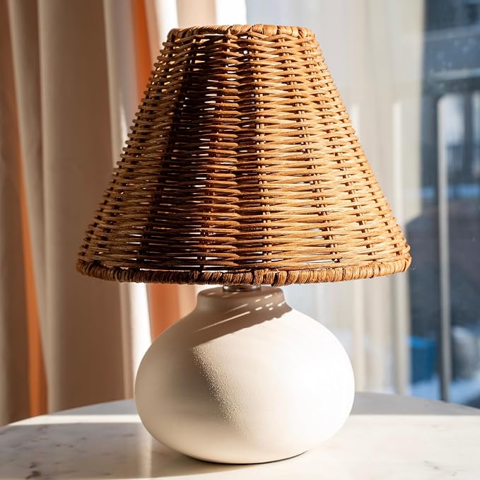 11" Small Table Lamp – Handmade Ceramic Cream Base with Wicker Rattan Shade, Dimmable Plug-in Nightstand Light for Bedroom, Kitchen Counter, or Small Spaces – Boho Japandi Organic Decor