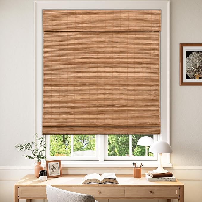 LazBlinds Cordless Blackout Bamboo Roman Shades, 29x64, Papara Carbon | Room Darkening Blinds for Interior Windows, Thermal Insulated Roll Up Bamboo Blinds for Home & Patio