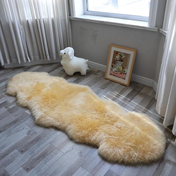Sheepskin Rug, Fluffy Shaggy Area Rug, Super Soft 24‘’ x 72‘’ Sheepskin Hair Rug, Plush Rug, Decorative Rugs for Bedroom, Children's Room, Living Room (Yellow, 24" x 72")