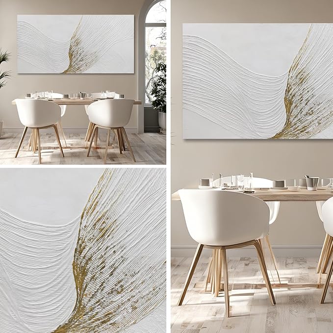 Hue7Art Modern Minimalist White and Gold Textured Canvas Wall Art Abstract Line Artwork Hand Painting for Living Room Bedroom Office Neutral Home Decor 24x48 Inch