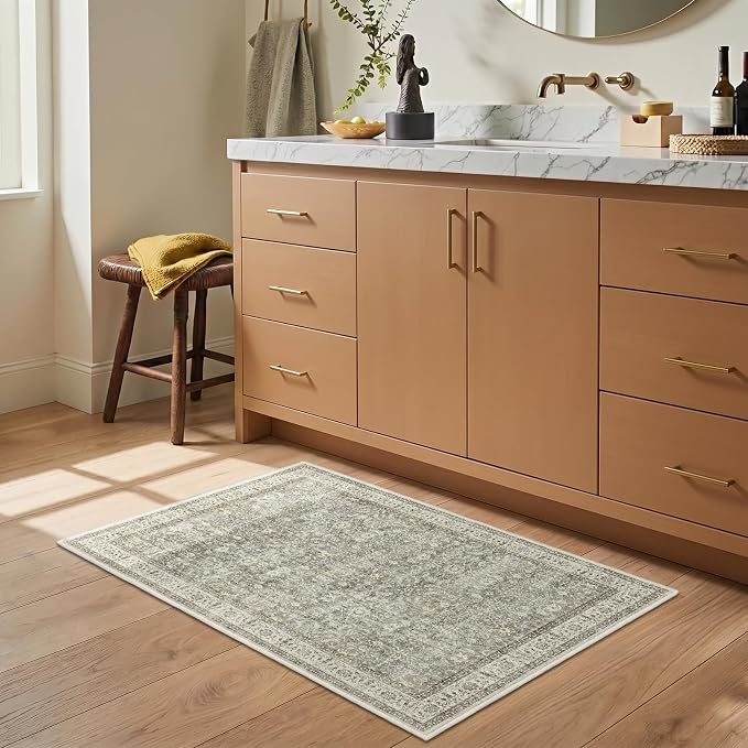 Modern Faromhouse Neutral Entryway Rug 2x3, Washable Non Slip Kitchen Bathroom Rugs, Transitional Small Rug for Bedroom Soft French, Low Pile Thin Door Mat Indoor Entrance, Gray/Beige/Olive