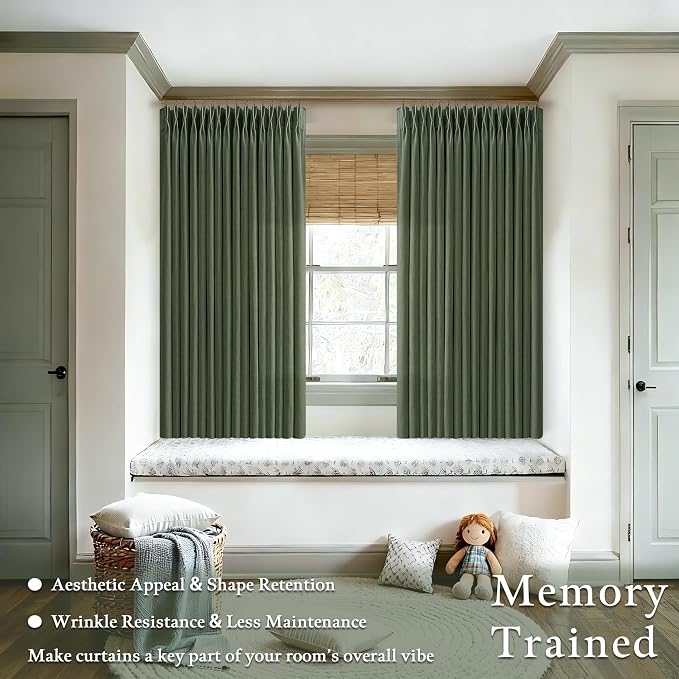 Olive Green Linen Semi Sheer Curtains 63 Inch Length 2 Panels for Kitchen Dining Room Small Windows Pinch Pleated Light Filtering Boho Farmhouse Curtains for Bedroom Pinch Pleat Back Tab Moss Green