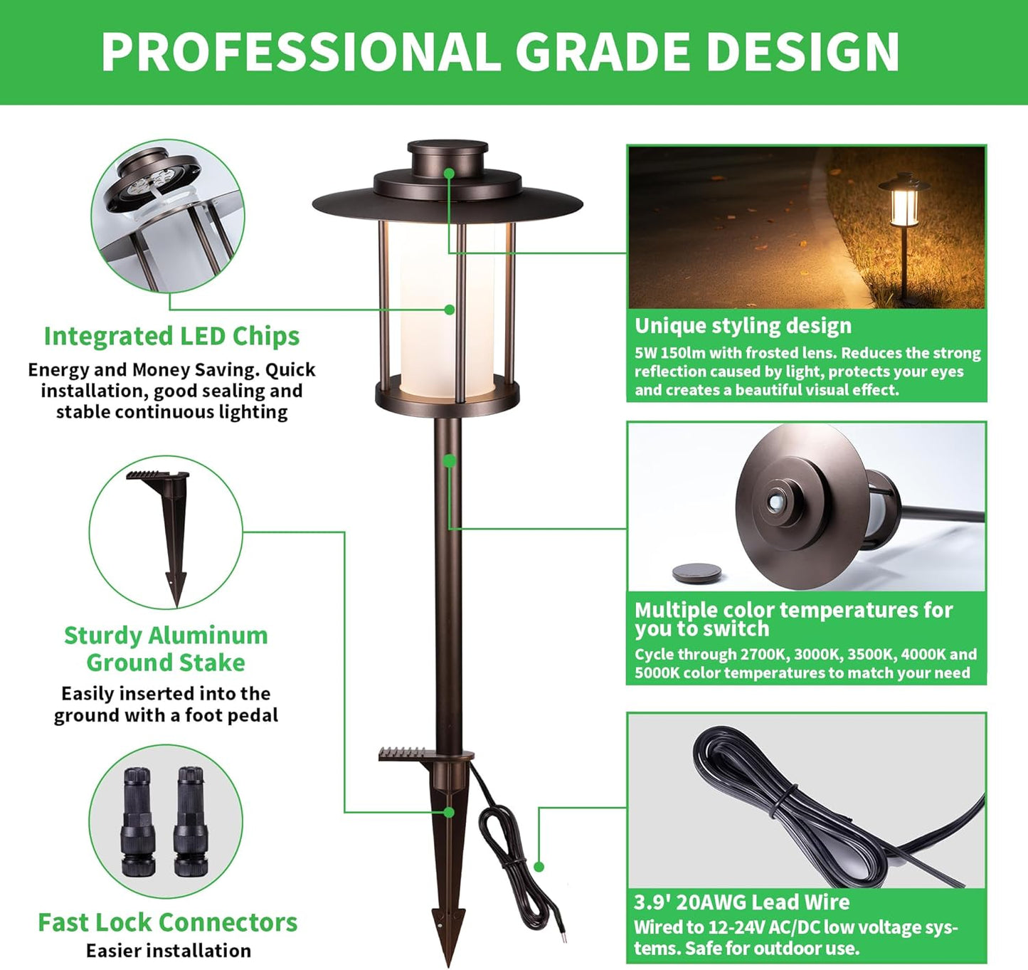 Outdoor Pathway Lights Wired 12V, 2700K/3000K/3500K/4000K/5000K Selectable Landscape Path Light Waterproof, LED Walkway Fixture Electric, ORB Aluminum for All Weather Garden Yard (12 Pack)