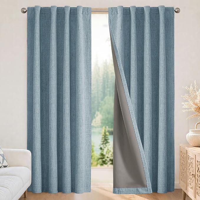 Joydeco Blackout Curtains for Bedroom - 100% Light Blocking 2 Panels Sky Blue Drapes 66" W x 108" L, Thermal Insulated Room Darkening Curtains, Linen Textured for Living Room, Rod Pocket & Back Tabs
