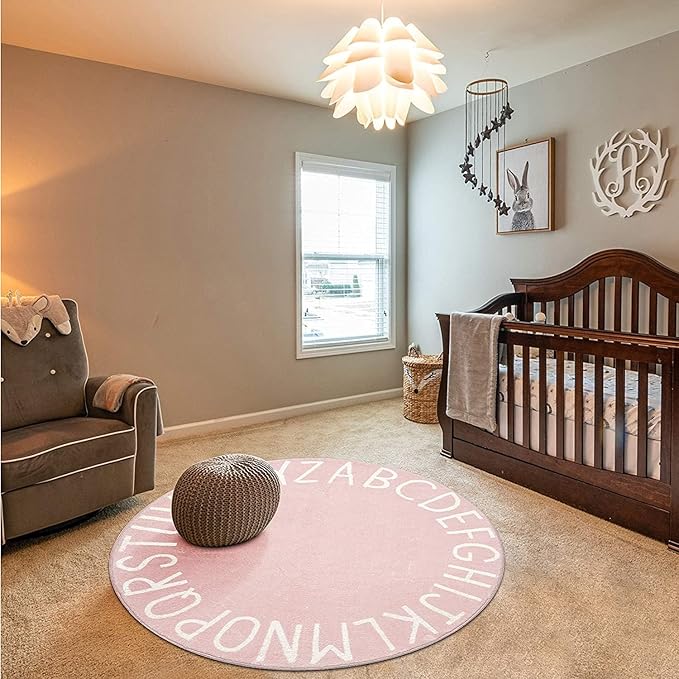 Topotdor Round Kids Play Rug Alphabet Nursery Area Rug Extra Large Soft Crawling Play Mat for Children Toddlers Bedroom (96 inch, Pink)