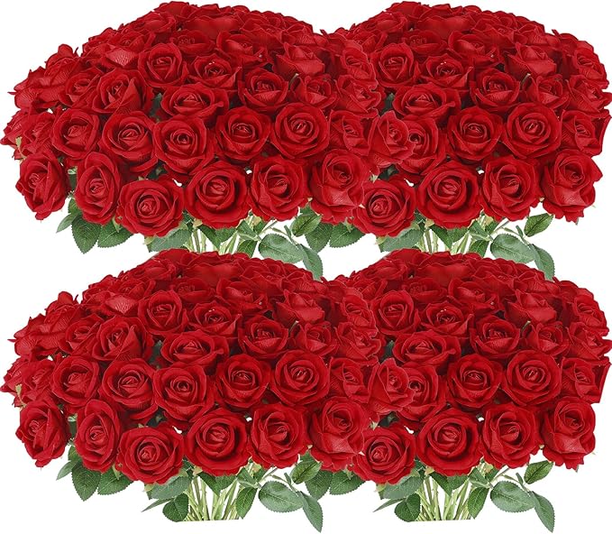 Hananona 100 Pcs Artificial Roses in Bulk, Fake Silk Roses Realistic Roses for Wedding Centerpieces Flower Arrangement Home Decor (100, Red)