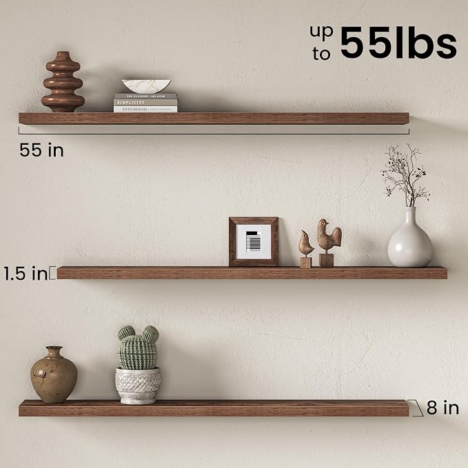 Fun Memories 55Inch Long Floating Shelves, 8 Inch Deep Shelves for Bedroom|Living Room, Wall Mounted Wood Hanging Shelf with Invisible Brackets for Fireplace Mantel Home Storage Decor, Brown - 2 Pack