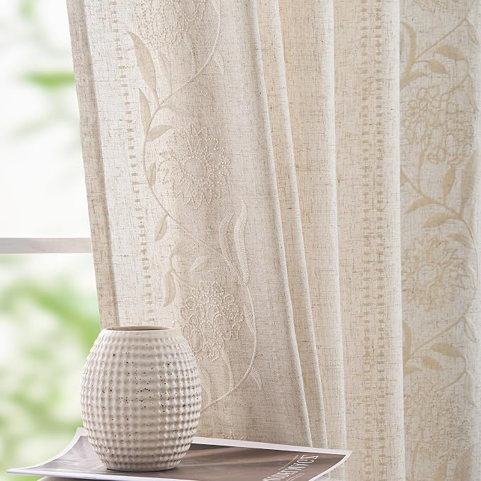 jinchan Winslow Linen Curtains for Living Room Floral Curtains 96 Inch Length Ivory Embroidered Bordered for Sitting Room Farmhouse Decor Light Filtering Window Treatments Set of 4