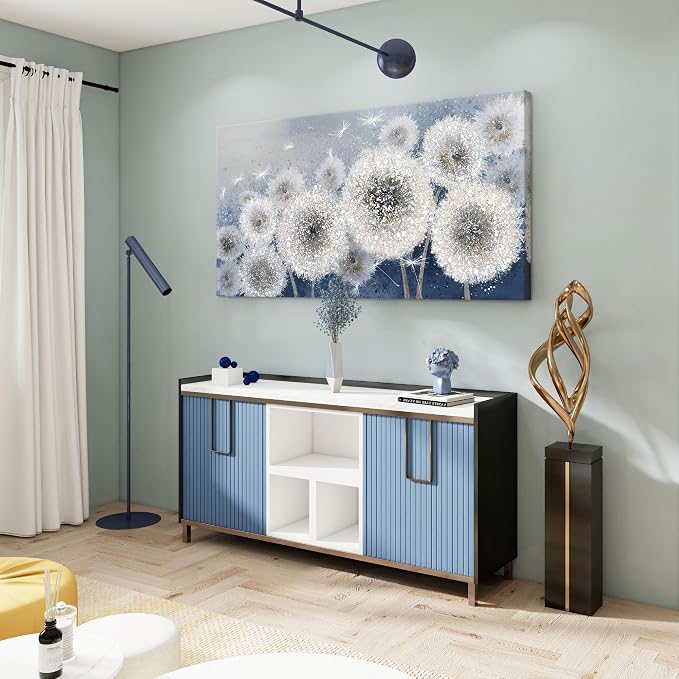 Pogusmavi Dandelion Wall Art for Living Room - Large Artwork for Wall, Blue Canvas Pictures Wall Decor, Modern Prints for Bedroom Wall Art 29×58IN