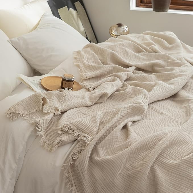 FOSSA Muslin Blanket 4-Layer 100% Cotton Gauze Blanket with Fringe 90"x90" | Super Soft Breathable Lightweight All Season & Decorative Blanket or Bed, Sofa, Office (Beige,Queen)