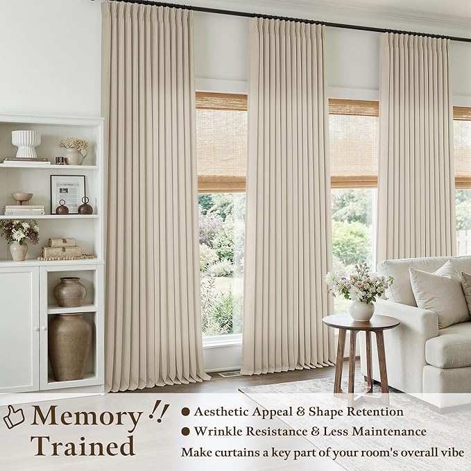 Pinch Pleated Linen Curtains 120 Inch Length Farmhouse Oatmeal Beige Linen Pinch Pleat Curtains for High Living Room Light Filtering Semi Sheer Drapes Floor to Ceiling Extra Long Window Drapes