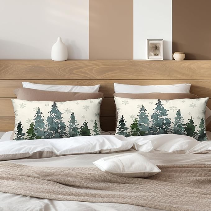Watercolor Pine Tree Lumbar Pillow Covers 12x20 Winter Rustic Nature Forest Rectangle Pillow Covers Set of 2 Green Forest Woodland Cotton Linen Cushion Case for Couch Outdoor Living Room