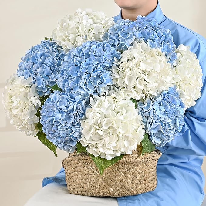 MARTINE MALL 4Pcs 21in Hydrangea Artificial Flowers, Latex Real Touch Hydrangeas Lifelike Large Hydrangea Flowers for Home Decor Party Arrangements Wedding Bouquets Centerpieces (2 White & 2 Blue)