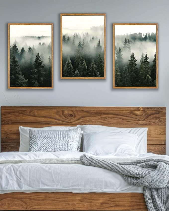 UPWOIGH Foggy Forest Framed Wall Art, 16 x 24 Inch, Set of 3 | Misty Evergreen Forest Triptych Prints, Moody Nature Design, Warm Wood Frames for Bedroom, Office and Living Room