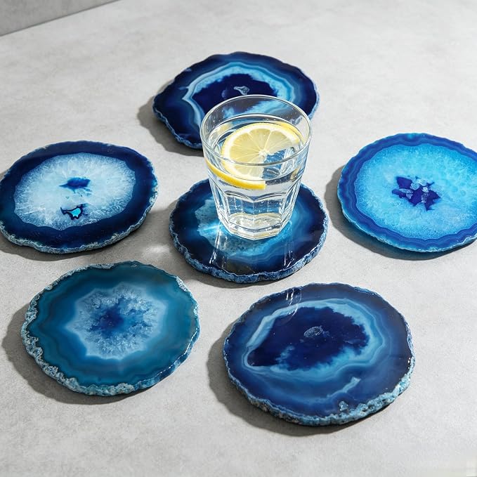 Crystal Coasters Set of 4 Agate Coaster Teal Irregular Dyed 4-5" for Drinks Coffee Wine Bar Glasses with Rubber Bumpers