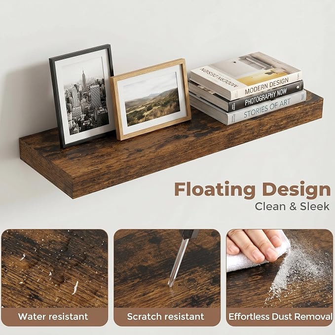 Venusmiles Floating Shelves for Wall, 20 Inch Floating Shelves Set of 2, 6.5" D Wooden Wall Mounted Display Shelves with Invisible Brackets for Living Room, Bedroom, Bathroom, Kitchen Decor, Brown