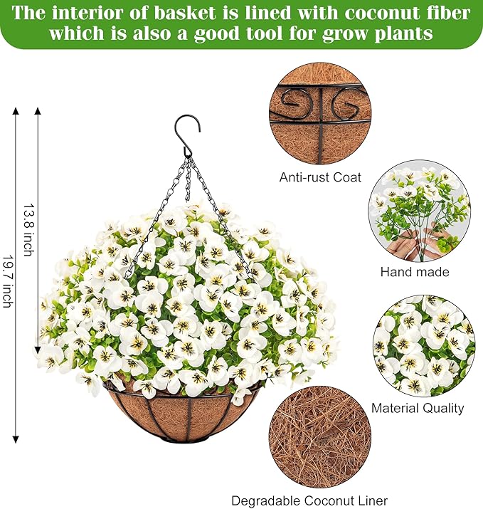 Artificial Hanging Flowers with Baskets for Outdoors, Fake Silk Pansy Flowers UV Resistant Faux Hanging Plants for Front Porch Patio Yard Home Spring Summer Decoration, White