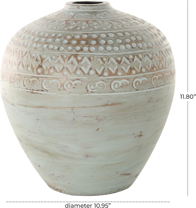 Deco 79 Ceramic Decorative Vase Antique Style Wide Rounded Centerpiece Vase with Geometric Tribal Carvings, Flower Vase for Home Decoration 11" x 11" x 12", Green