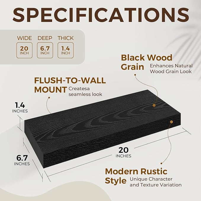 Dreamland 20Inch Black Floating Shelves 6.7" Deep Wall Mounted Set of 2 | Wall shelves for bathroom, bedroom, Living Room, kitchen, deep wall mount wood storage display for home decor 20" x 6.7"