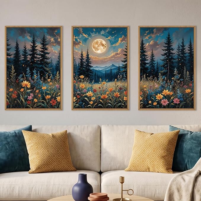 BICERE Large Nature Moon Wildflowers Framed Canvas Wall Art,Vintage Forest Flowers Wall Decor,Dark Mountain Night Painting,Wilderness Artwork for Living Room,Bedroom,Dining Room,Office -16"x24"x3