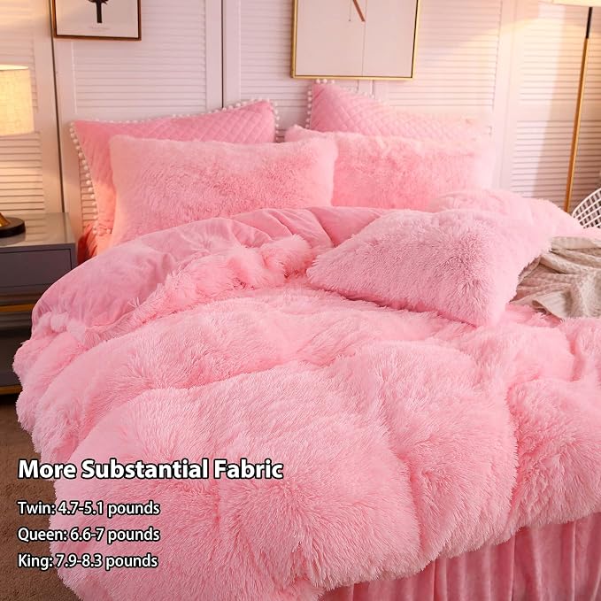 LIFEREVO Luxury Plush Shaggy Duvet Cover Set, Ultra Soft Velvet Fluffy Furry Duvet Cover Set(1 Faux Fur Fuzzy Comforter Cover + 2 Pom Poms Pillow Cases) Solid Bedding Set, Zipper Closure(King, Pink)