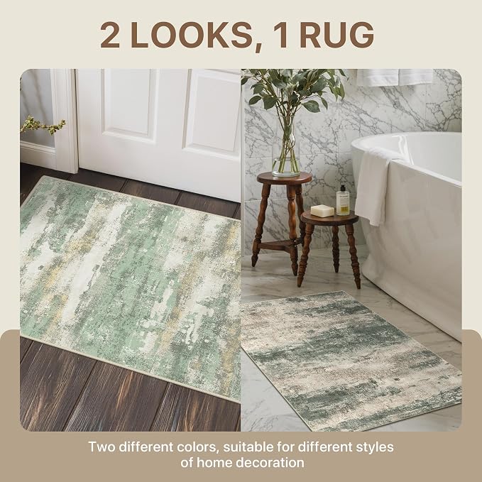 BEIMO Reversible 2x3 Rugs for Entryway Kitchen Bathroom, Modern Abstract Dual-Sided Area Rug, Machine Washable Soft Low Pile Indoor Mats, Includes Non-Slip Rug Pad, Green & Grey