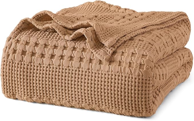 PHF 100% Cotton Waffle Blanket Queen Size for Bed, Lightweight Breathable and Soft for Summer, Luxury Aesthetic Waffle Weave Blanket for Home Decor & Gifts for Women, 90"x90", Clay