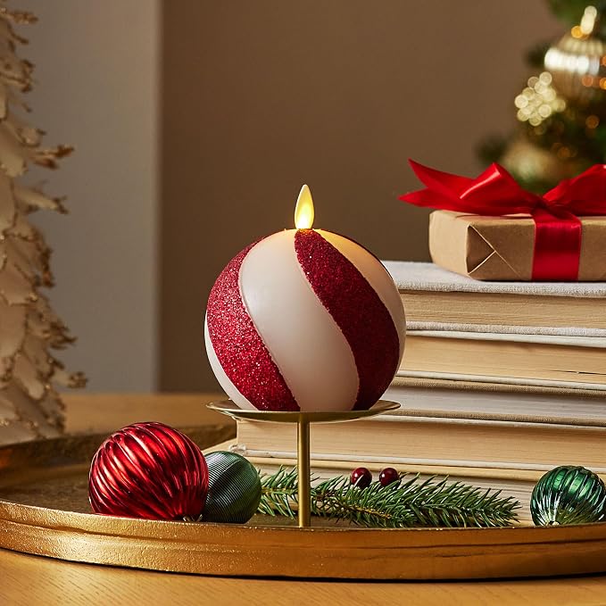 Luminara - Flameless Holiday Crystal Beads Glitter Sphere Candle - Candy Cane Red - Pack of 1-4x4.25 - Auto Timer Built-in 5-Hour Timer Indoor Use