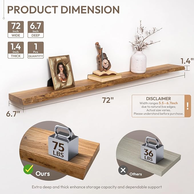 Marsmiles 72 inch Floating Shelves for Wall Elm Wood Live Edge Shelves Wall Mounted|Rustic Long Floating Shelves with Invisible Bracket for Bathroom Living Room Kitchen|Natural, 1 Pack